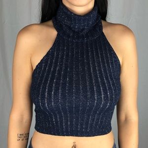 Sparkly Zara Disco Diva Turtleneck Blue Crop Top